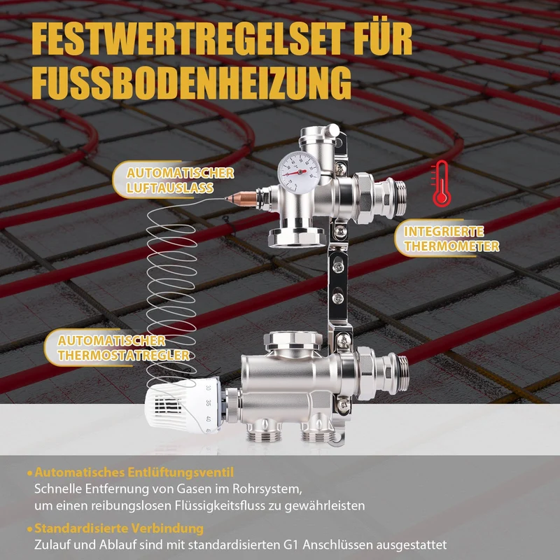XIIW Festwertregelset für Fußbodenheizung mit Thermostat & Umwälzpumpe – Heizkreisregelung aus Messing