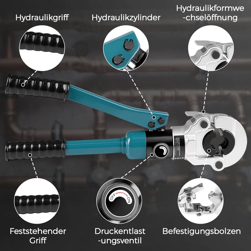 XIIW Hydraulische Rohrpresszange 100kN mit 5 V-Matrizen – Profi Presszange für Kupfer- & Edelstahlrohre 12–28mm inkl. Rohrabschneider