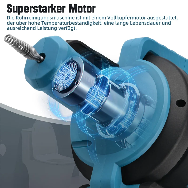 XIIW 21V Akku Rohrreinigungsmaschine mit 2x 4,0Ah Akku & Ladegerät – Vollautomatischer Abflussreiniger mit 7,6m Spirale für Rohre Ø19–85mm