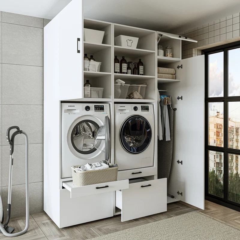 Roomart wasmachinekast SERIE 2, dubbele kast met uittrekplanken en hoge kast, in 3 kleuren