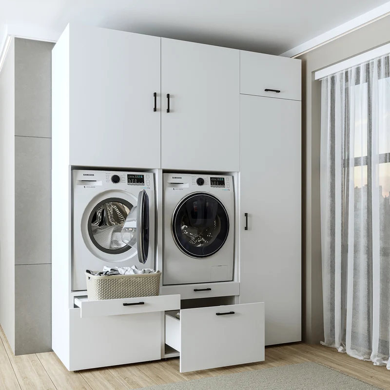Roomart wasmachinekast SERIE 2, dubbele kast met uittrekplanken en hoge kast, in 3 kleuren