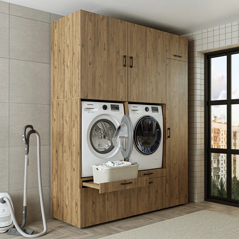 Roomart wasmachinekast SERIE 2, dubbele kast met uittrekplanken en hoge kast, in 3 kleuren