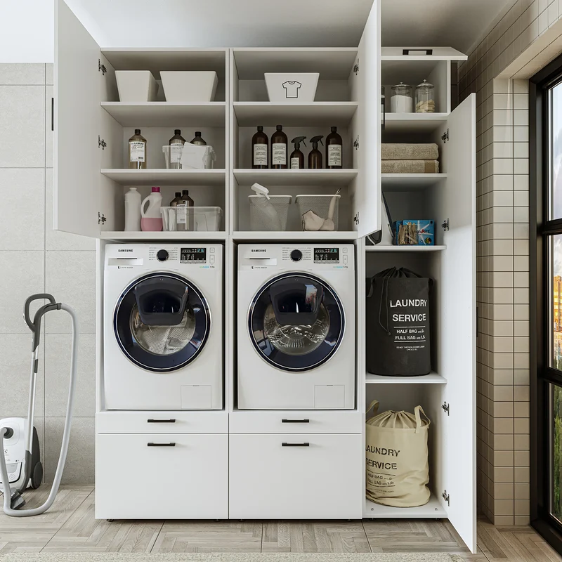 Roomart wasmachinekast SERIE 2, dubbele kast met uittrekplanken en hoge kast, in 3 kleuren