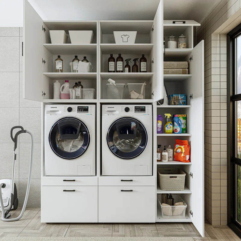 Roomart wasmachinekast SERIE 2, dubbele kast met uittrekplanken en hoge kast, in 3 kleuren