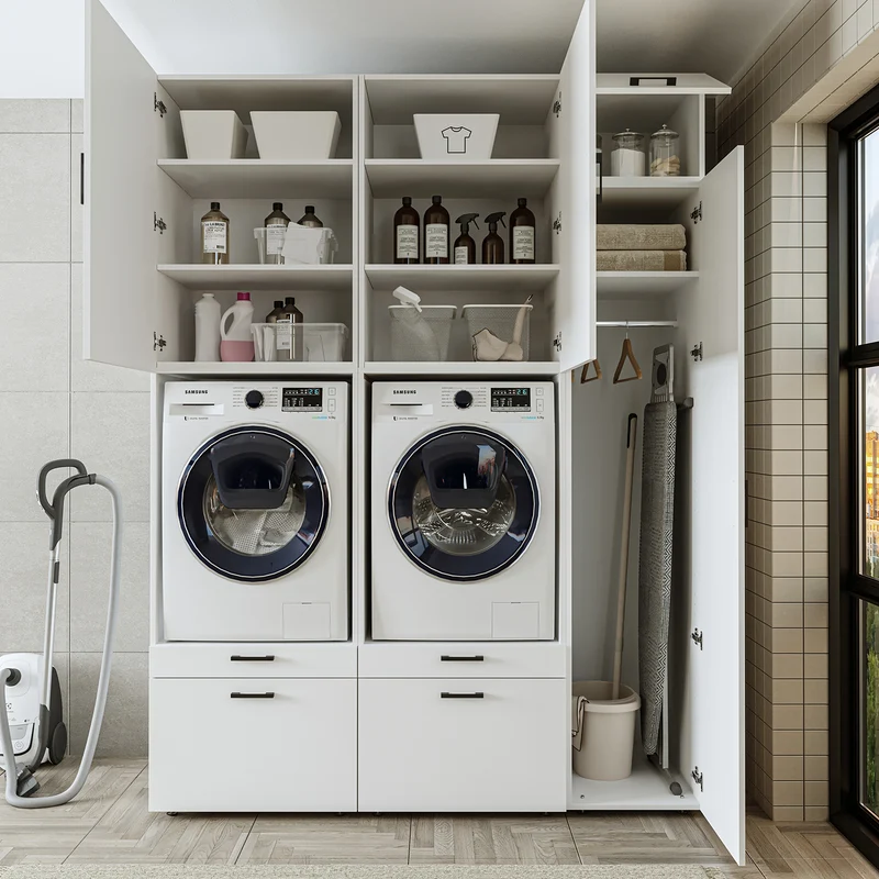 Roomart wasmachinekast SERIE 2, dubbele kast met uittrekplanken en hoge kast, in 3 kleuren