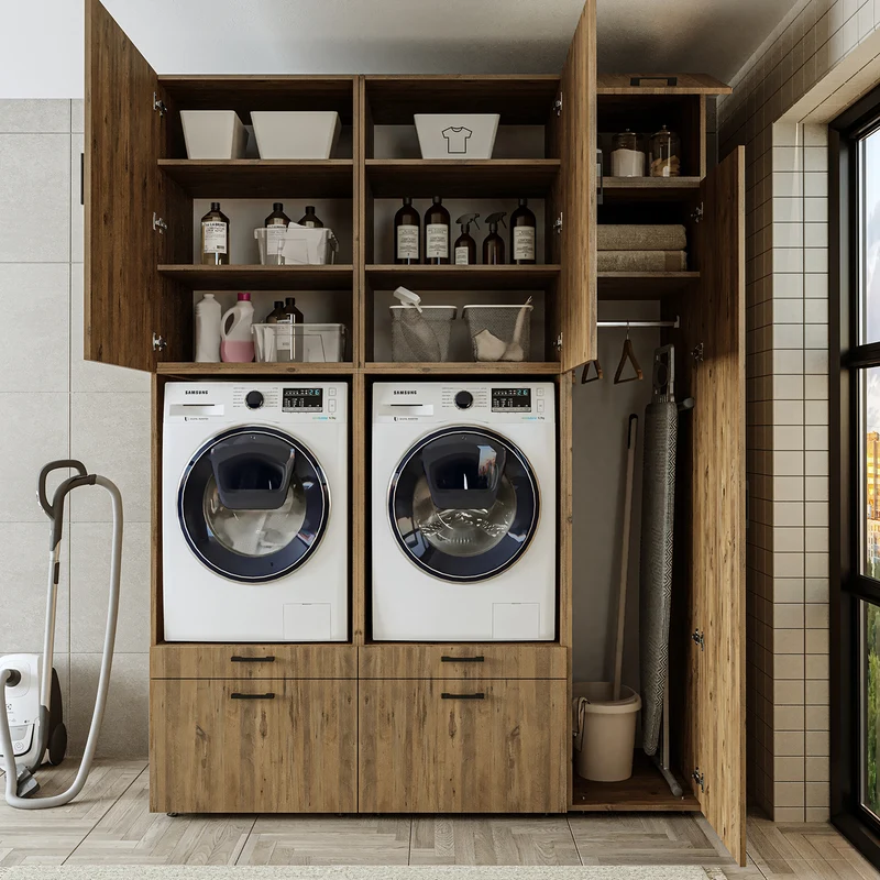 Roomart wasmachinekast SERIE 2, dubbele kast met uittrekplanken en hoge kast, in 3 kleuren
