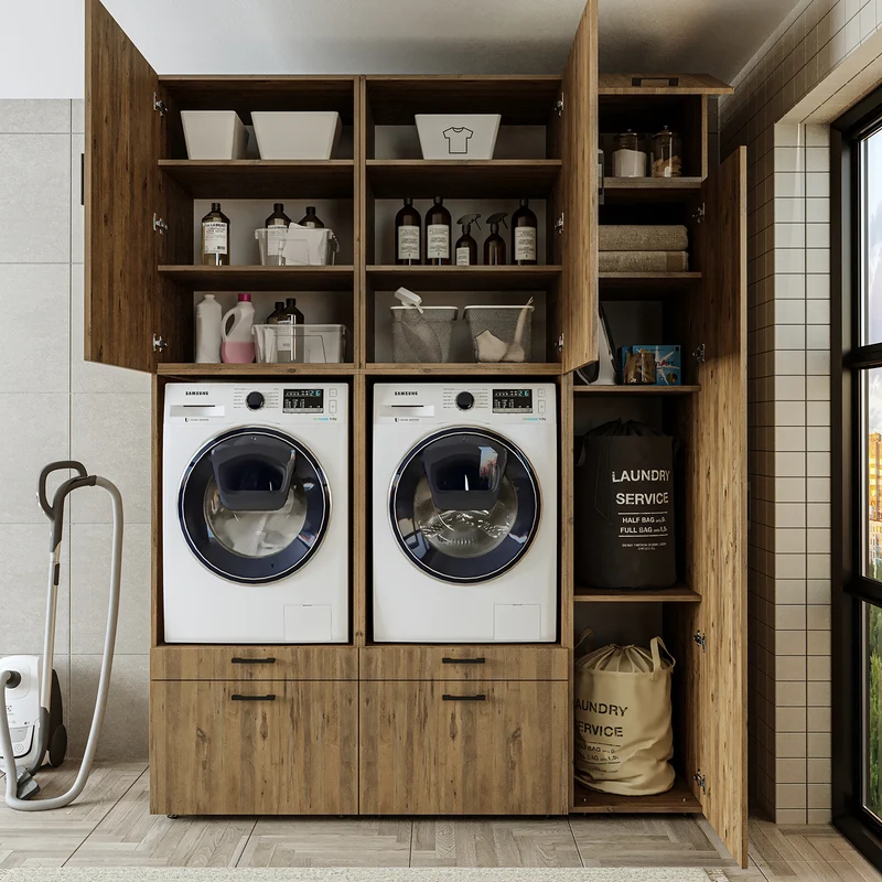 Roomart wasmachinekast SERIE 2, dubbele kast met uittrekplanken en hoge kast, in 3 kleuren