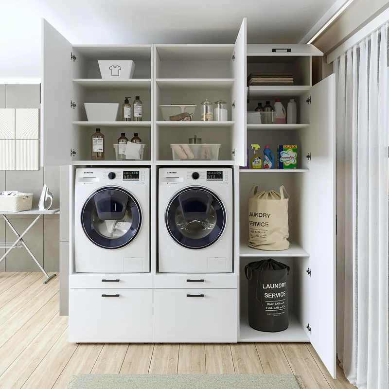 Roomart wasmachinekast SERIE 2, dubbele kast met uittrekplanken en hoge kast, in 3 kleuren