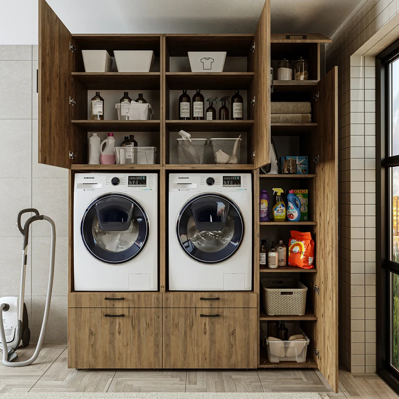 Roomart wasmachinekast SERIE 2, dubbele kast met uittrekplanken en hoge kast, in 3 kleuren