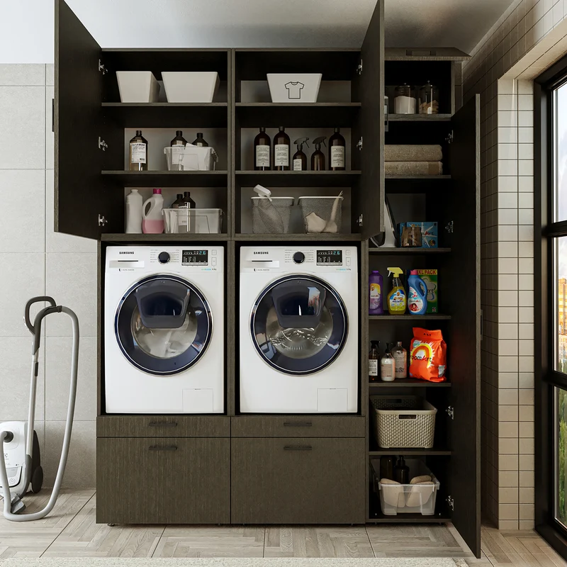 Roomart wasmachinekast SERIE 2, dubbele kast met uittrekplanken en hoge kast, in 3 kleuren