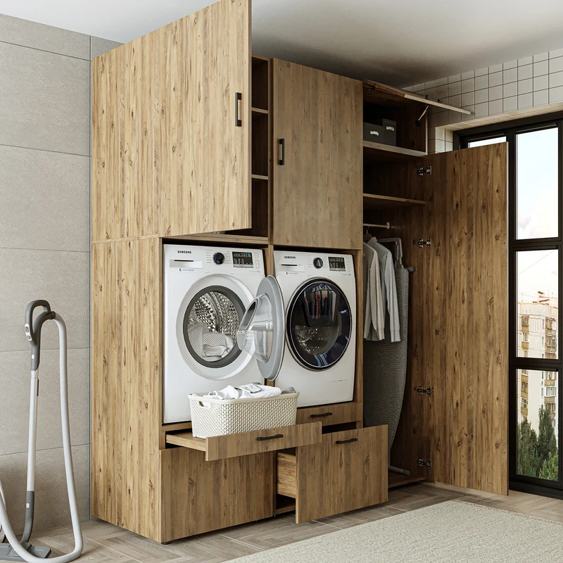 Roomart wasmachinekast SERIE 2, dubbele kast met uittrekplanken en hoge kast, in 3 kleuren