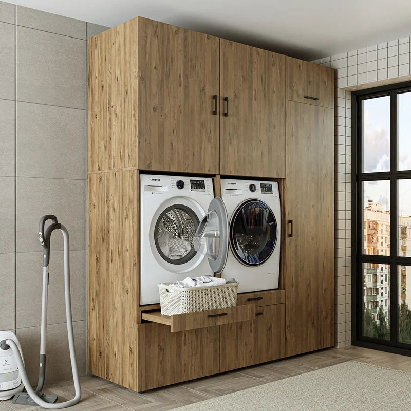 Roomart wasmachinekast SERIE 2, dubbele kast met uittrekplanken en hoge kast, in 3 kleuren
