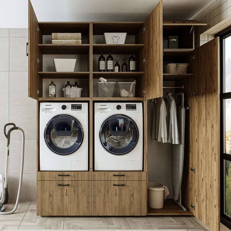 Roomart wasmachinekast SERIE 2, dubbele kast met uittrekplanken en hoge kast, in 3 kleuren