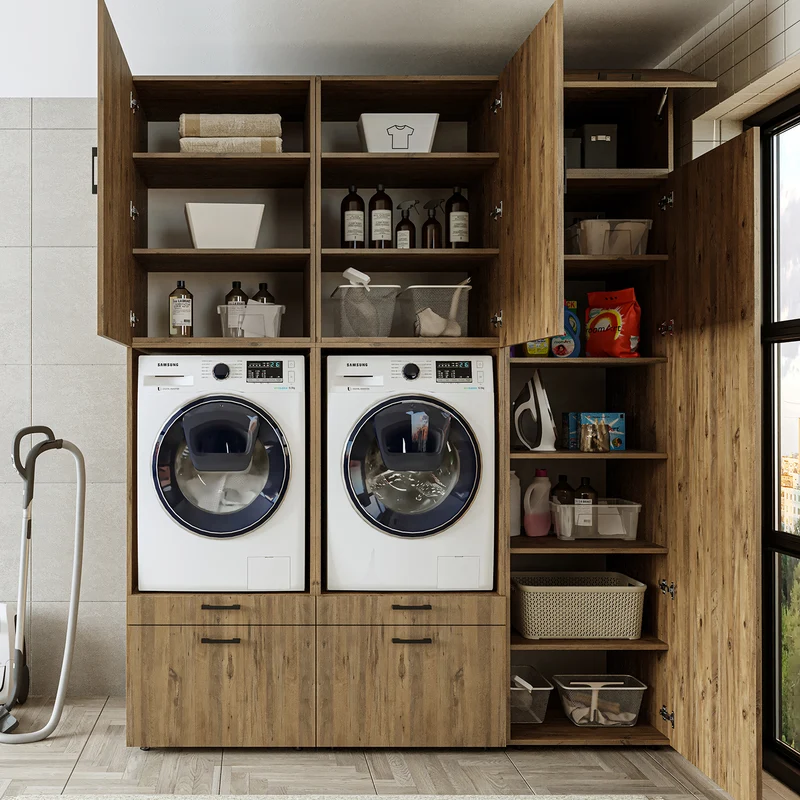 Roomart wasmachinekast SERIE 2, dubbele kast met uittrekplanken en hoge kast, in 3 kleuren