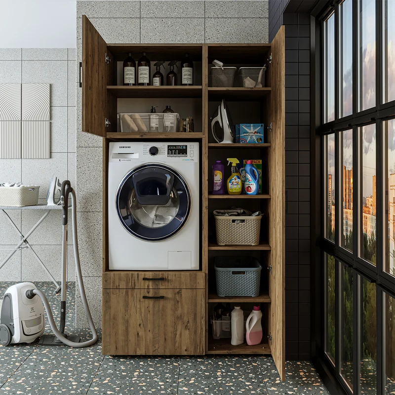 Roomart wasmachinekast SERIE 2, overbouwkast met uittrekplateau en hoge kast, in 3 kleuren