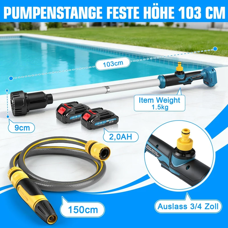 XIIW 18V Akku-Stabpumpe 3000L/h | Universelle Wasserpumpe für 18V Akkusysteme | Tauchpumpe inkl. 2x 2.0Ah Akku & 3/4" Anschluss