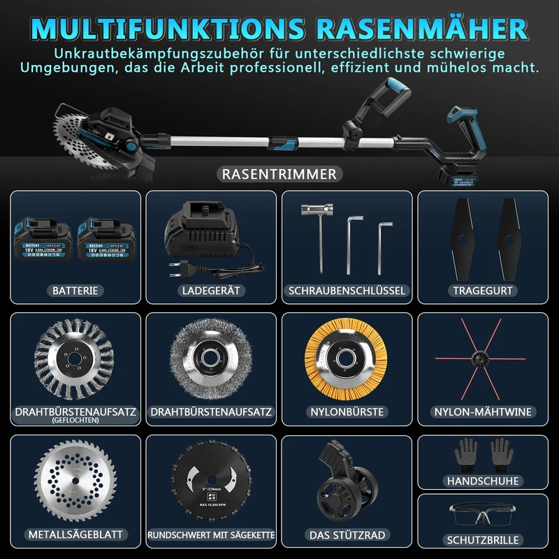 XIIW 7-in-1 Akku Rasentrimmer Bürstenlos | Multifunktions-Freischneider inkl. 2x 4.0Ah Akku | Unkrautbürste & Motorsense kompatibel mit 18V Akku
