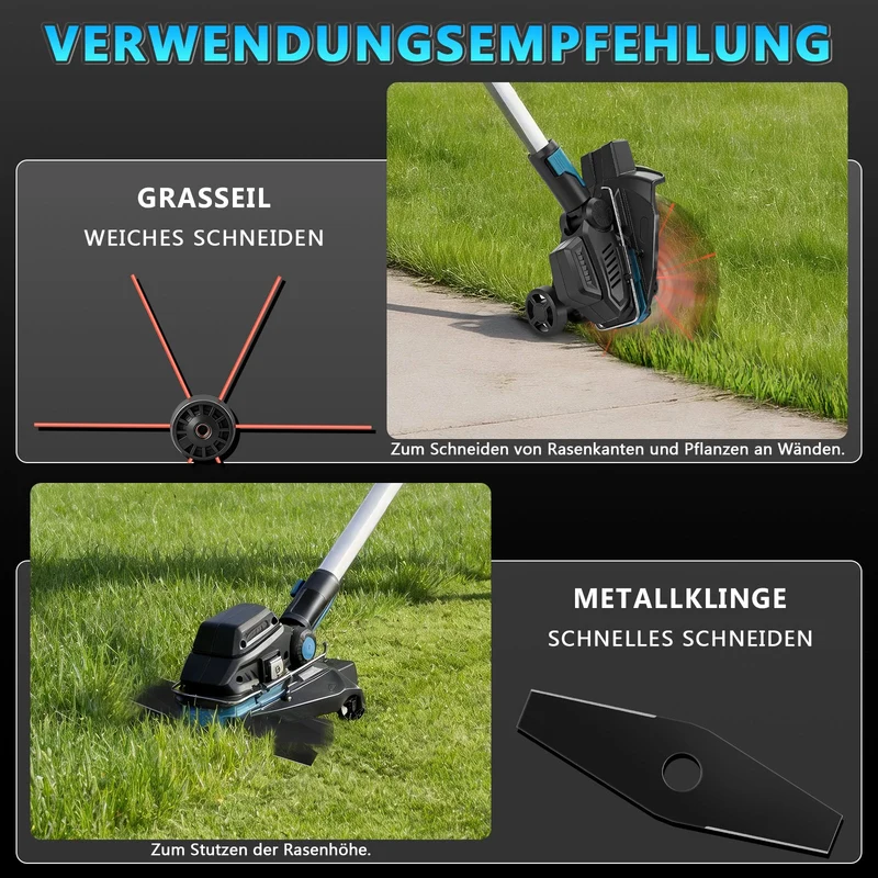XIIW 7-in-1 Akku Rasentrimmer Bürstenlos | Multifunktions-Freischneider inkl. 2x 4.0Ah Akku | Unkrautbürste & Motorsense kompatibel mit 18V Akku
