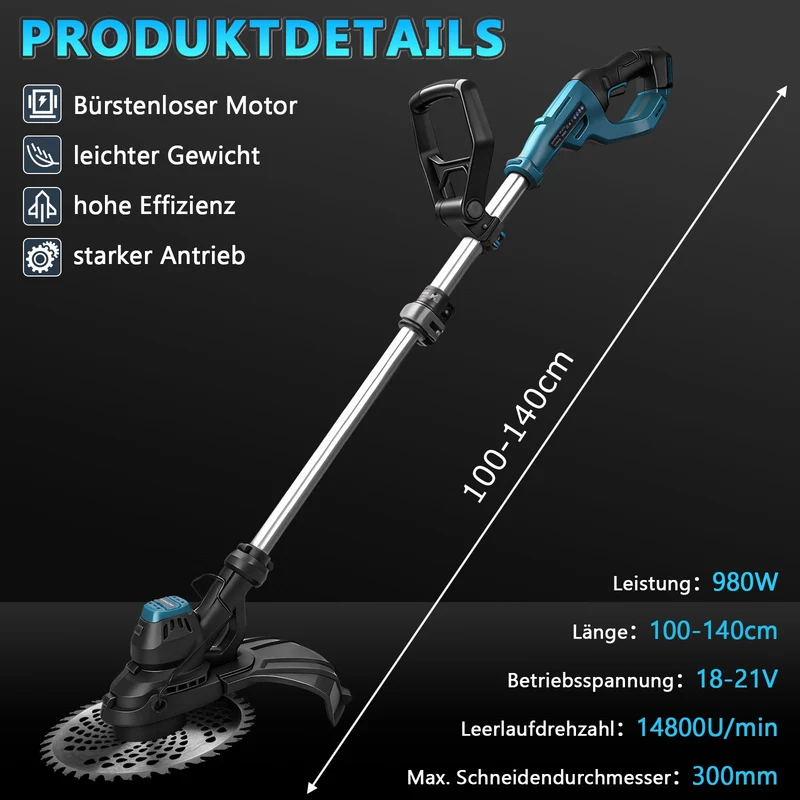 XIIW 980W Akku Rasentrimmer Bürstenlos 14800 U/min Freischneider Unkrautbürste mit Sägeblatt 18V kompatibel Garten Trimmer Multitool