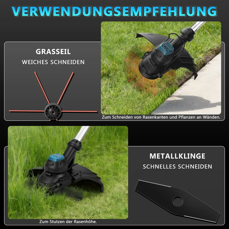 XIIW 980W Akku Rasentrimmer Bürstenlos 14800 U/min Freischneider Unkrautbürste mit Sägeblatt 18V kompatibel Garten Trimmer Multitool