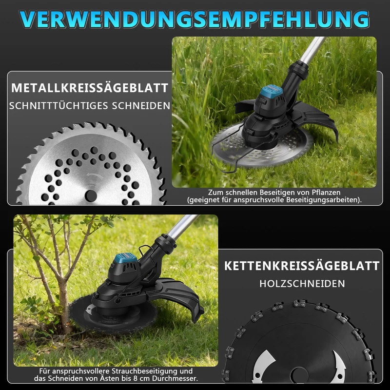 XIIW 980W Akku Rasentrimmer Bürstenlos 14800 U/min Freischneider Unkrautbürste mit Sägeblatt 18V kompatibel Garten Trimmer Multitool
