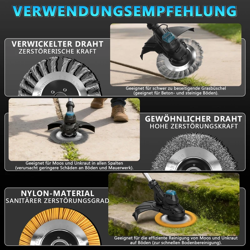 XIIW 980W Akku Rasentrimmer Bürstenlos 14800 U/min Freischneider Unkrautbürste mit Sägeblatt 18V kompatibel Garten Trimmer Multitool