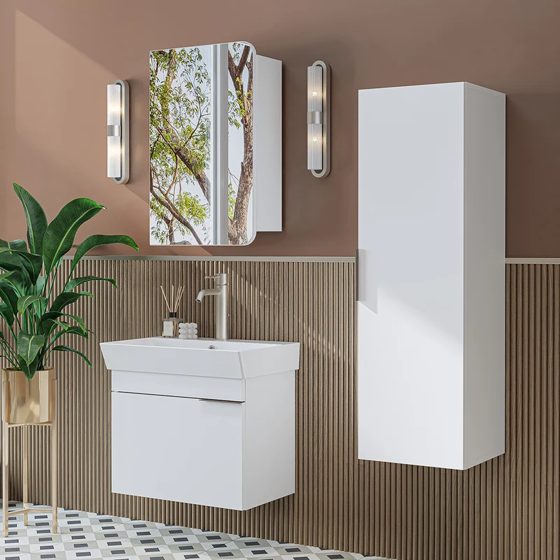 Roomart badkamermeubelset LYCIA 60 cm, 4-delig met spiegelkast en kolomkast, in 4 kleuren