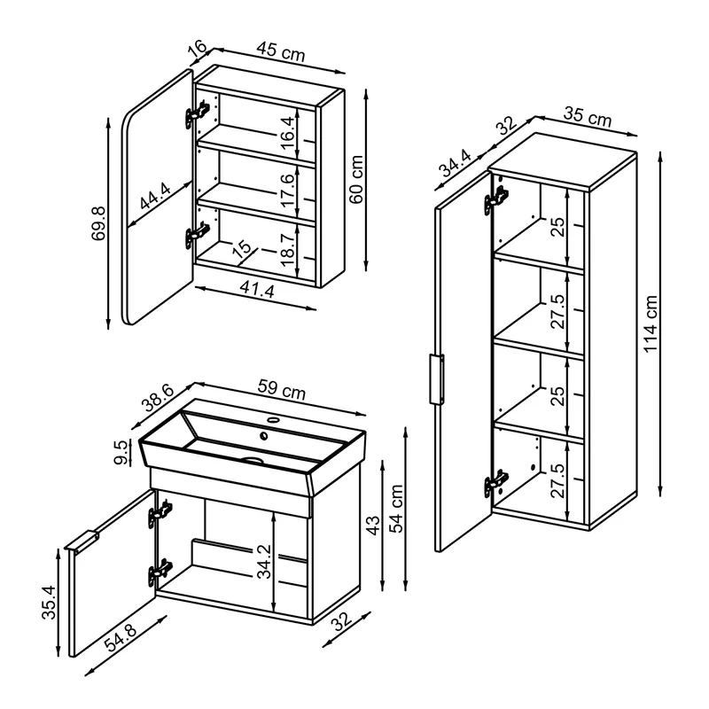 Roomart badkamermeubelset LYCIA 60 cm, 4-delig met spiegelkast en kolomkast, in 4 kleuren