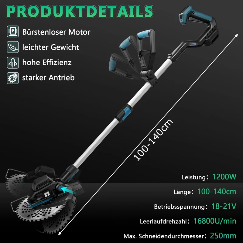 XIIW Akku Rasentrimmer 18V Bürstenlos mit Unkrautbürste, Sägeblatt & Metallmesser, Freischneider Akku kompatibel, Teleskopstiel 100–140 cm