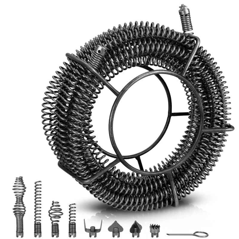 Φ16 mm Rohrreinigungs-Spirale 15m mit Schnellwechsel Schneidkopfset, Manganstahl, Abflussreiniger für Rohre 32–100 mm