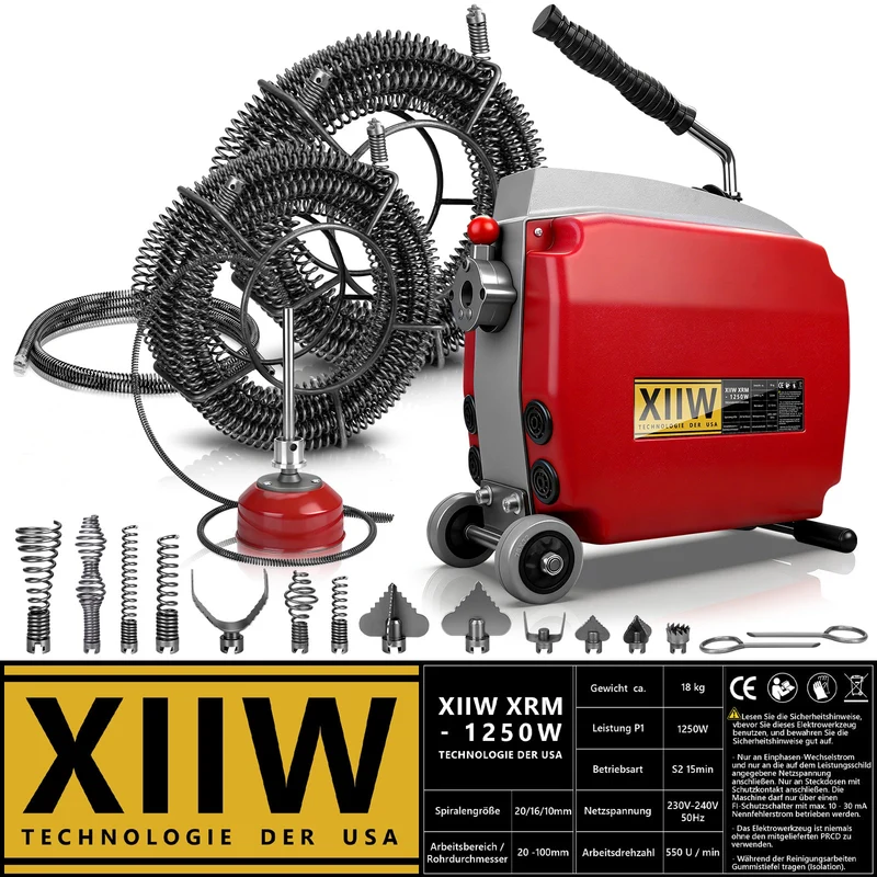 1250W Rohrreinigungsmaschine Elektrisch mit Spiralen Ø10/16/22 mm, Schnellwechsel Schneidkopf, Abflussreiniger für Rohre 20–200 mm