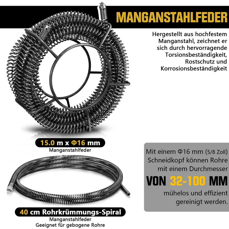 1250W Rohrreinigungsmaschine Elektrisch mit Spiralen Ø10/16/22 mm, Schnellwechsel Schneidkopf, Abflussreiniger für Rohre 20–200 mm