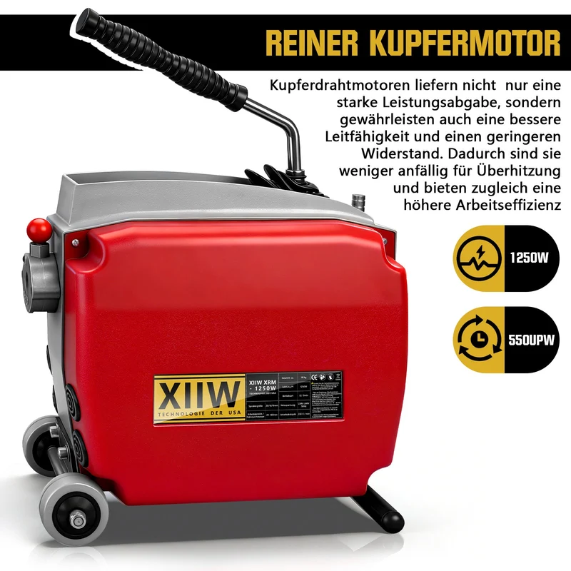 Elektrische Rohrreinigungsmaschine 1250W mit 14m Ø22mm Manganstahlfeder & Schneidköpfen Profi 20–200mm
