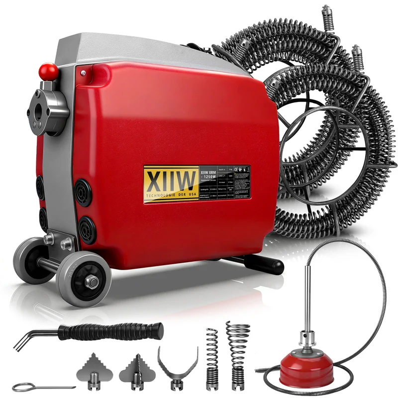 Elektrische Rohrreinigungsmaschine 1250W mit 22mm Manganstahlfeder & Schneidköpfen 20–200mm Rohrreiniger Profi
