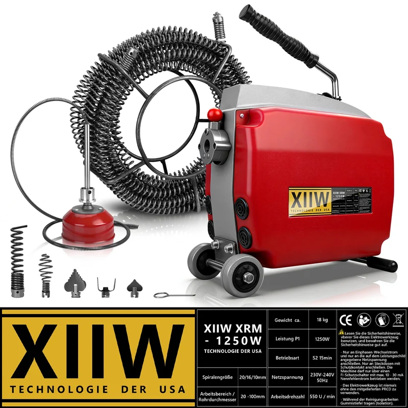 Elektrische Rohrreinigungsmaschine 1250W mit 22mm Spirale 17,5m Rohrreiniger elektrisch für 20–200mm Rohre Abflussreiniger Profi