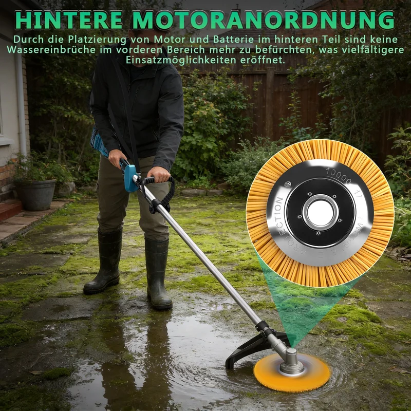 Akku Freischneider mit bürstenlosem Motor 1380W – Multifunktions Rasentrimmer mit Sägeblatt, Metallmesser und Bürsten, kabellose Motorsense