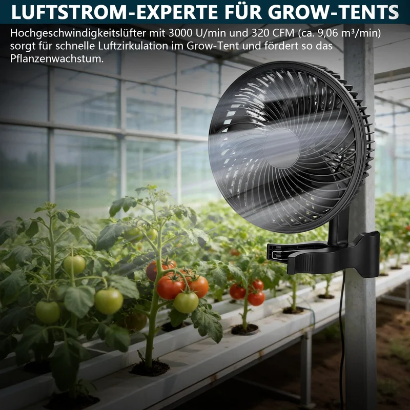 2er Set Grow Umluftventilator 320 CFM – Leiser Clip Ventilator mit EC-Motor, 10 Stufen, Oszillation, IP44