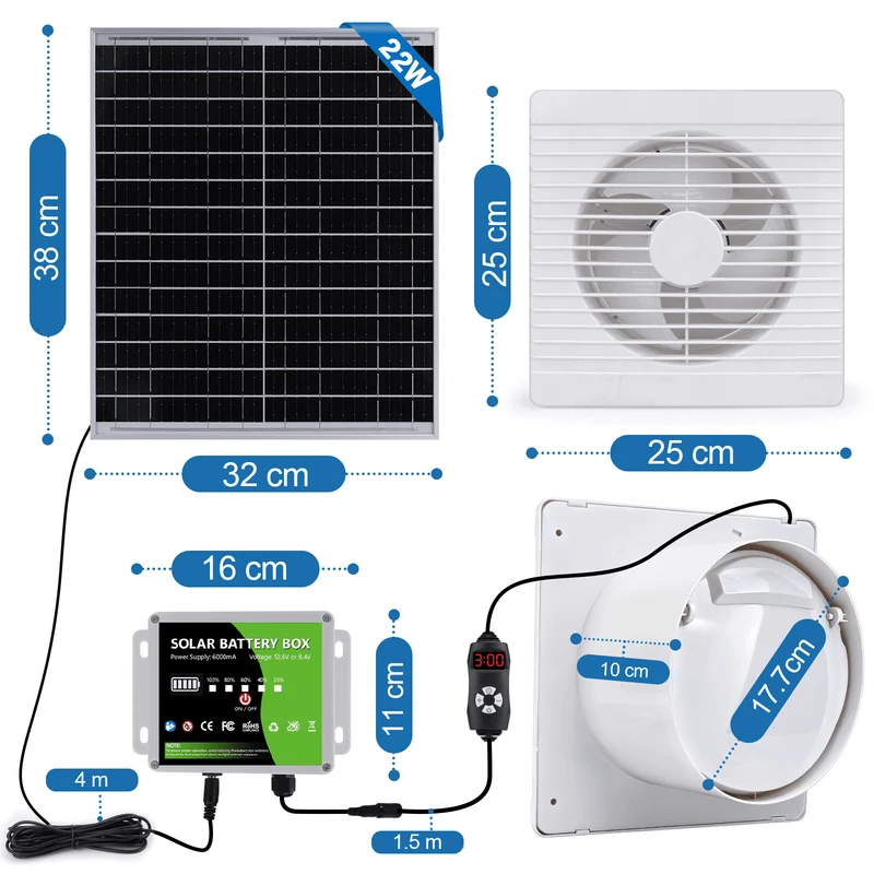 Leiser Solarventilator 200mm – Akku-betrieben, ideal für Hühnerstall, Gewächshaus & Schuppen