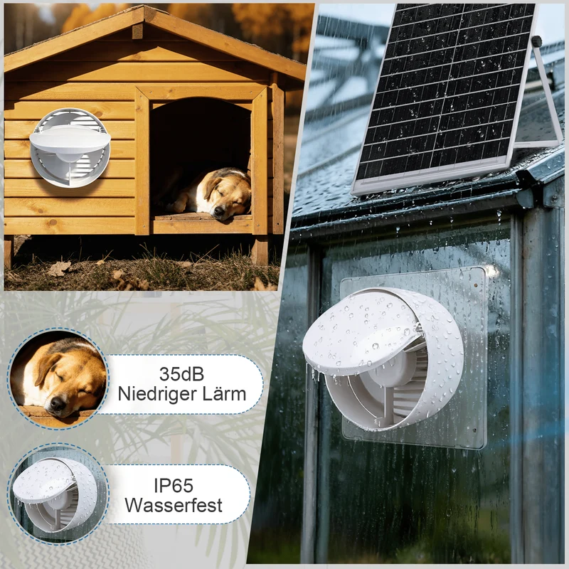 Leiser Solarventilator 200mm – Akku-betrieben, ideal für Hühnerstall, Gewächshaus & Schuppen
