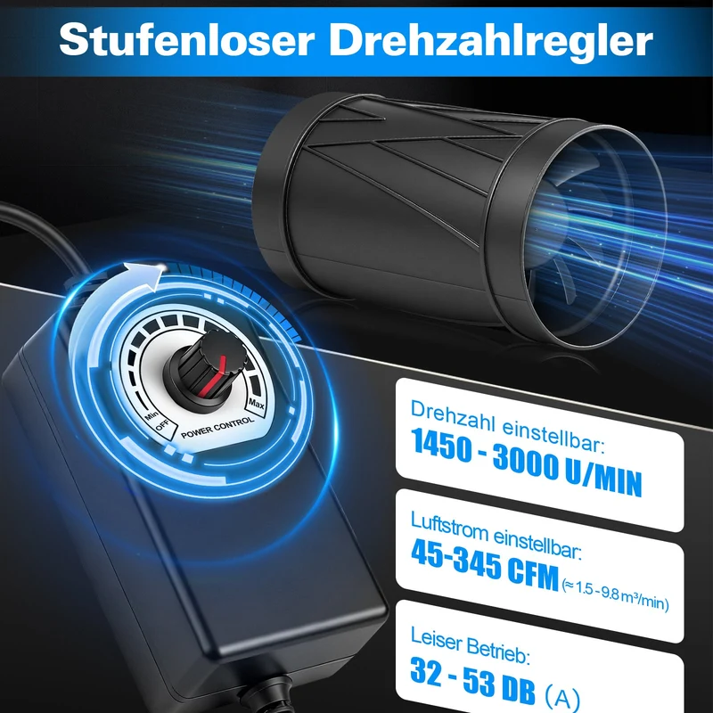 150mm Rohrventilator mit stufenloser Drehzahl – Kraftvoll, leise, 9,8 m³/min Luftstrom für Garage & Keller