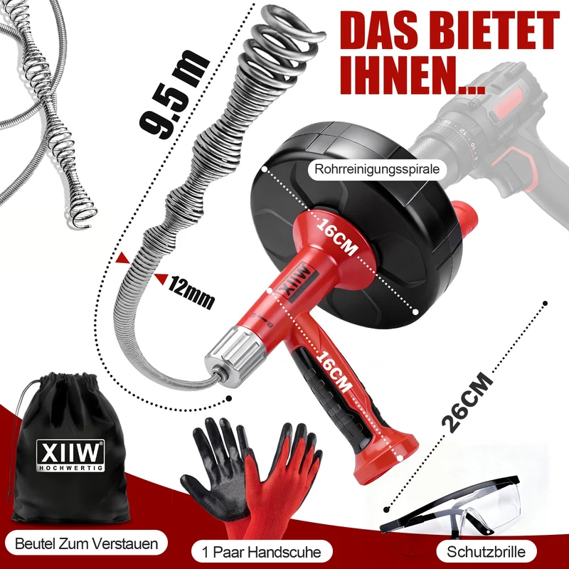500W Rohrreinigungsgerät mit Manuell- und Bohrerantrieb, 9,5m Spirale, für Haushalt Abflussreinigung