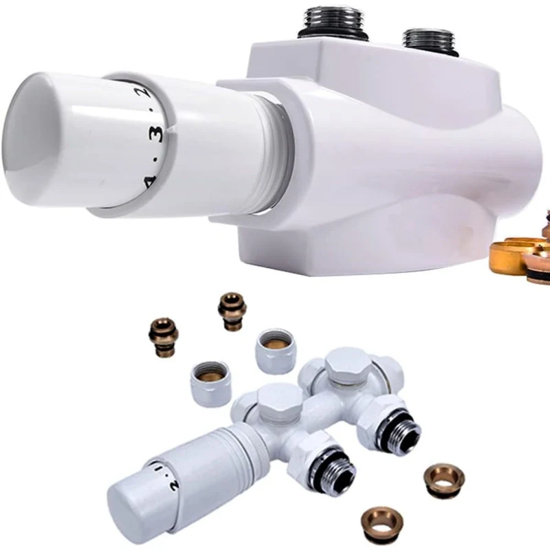 Messing Heizkörper Ventilset Weiß mit Thermostat – 1/2" & 3/4" Anschlüsse