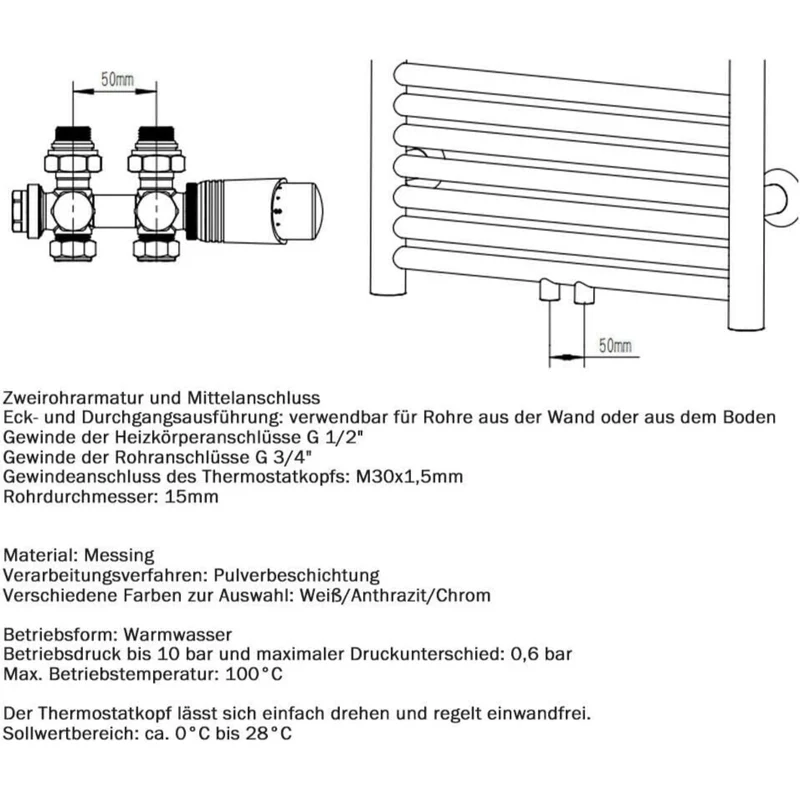 Messing Heizkörper Ventilset Weiß mit Thermostat – 1/2" & 3/4" Anschlüsse