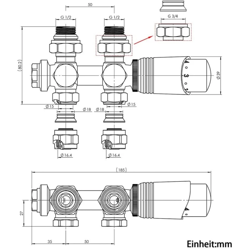Messing Heizkörper Ventilset Schwarz mit Thermostat – 1/2" & 3/4" Anschlüsse