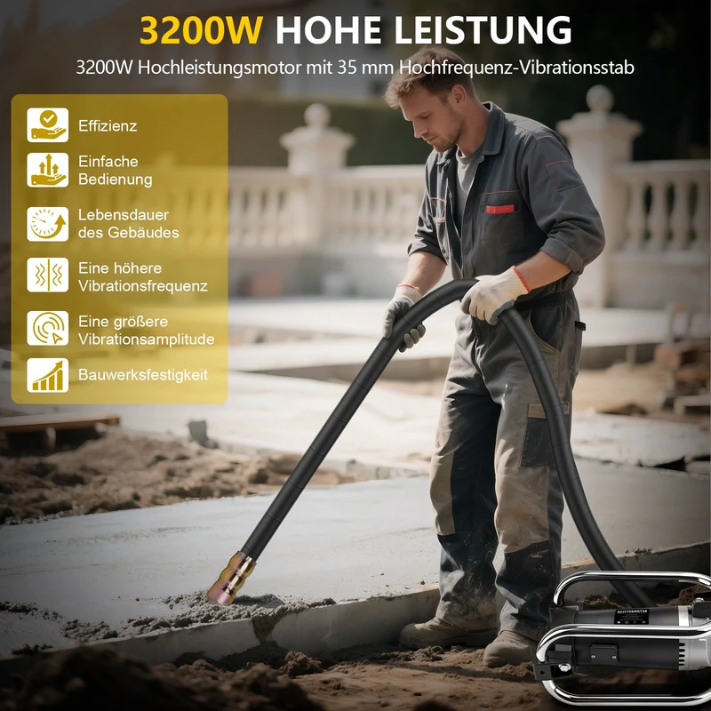 Betonrüttler 3200W mit 35mm Vibrationskopf und 6m flexibler Welle