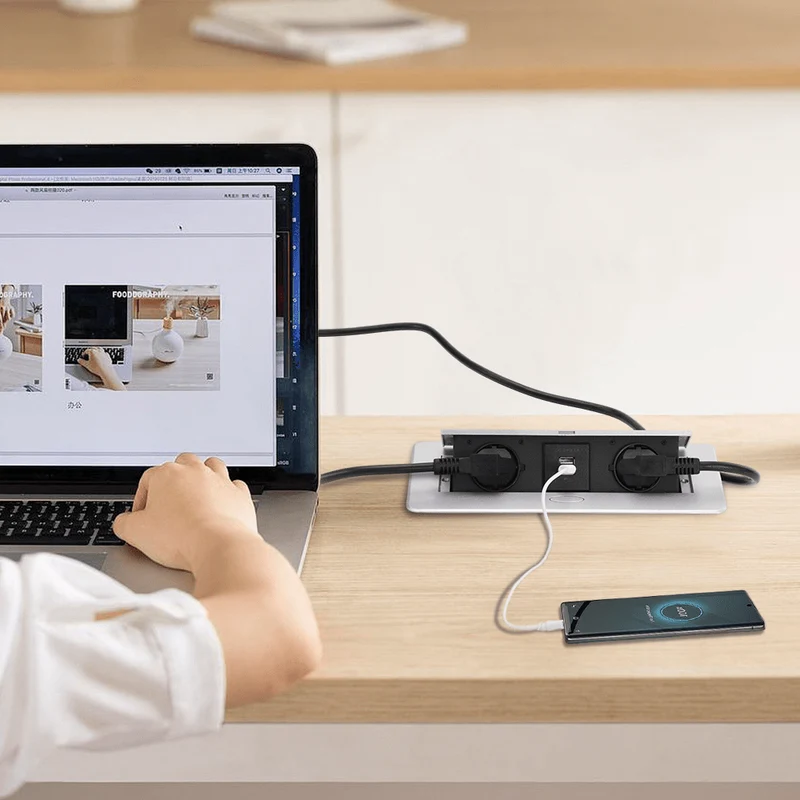 Versenkbare Tischsteckdose 2-fach mit 2x USB | Pop-Up Einbausteckdose Aluminium | 223x110mm Lochmaß