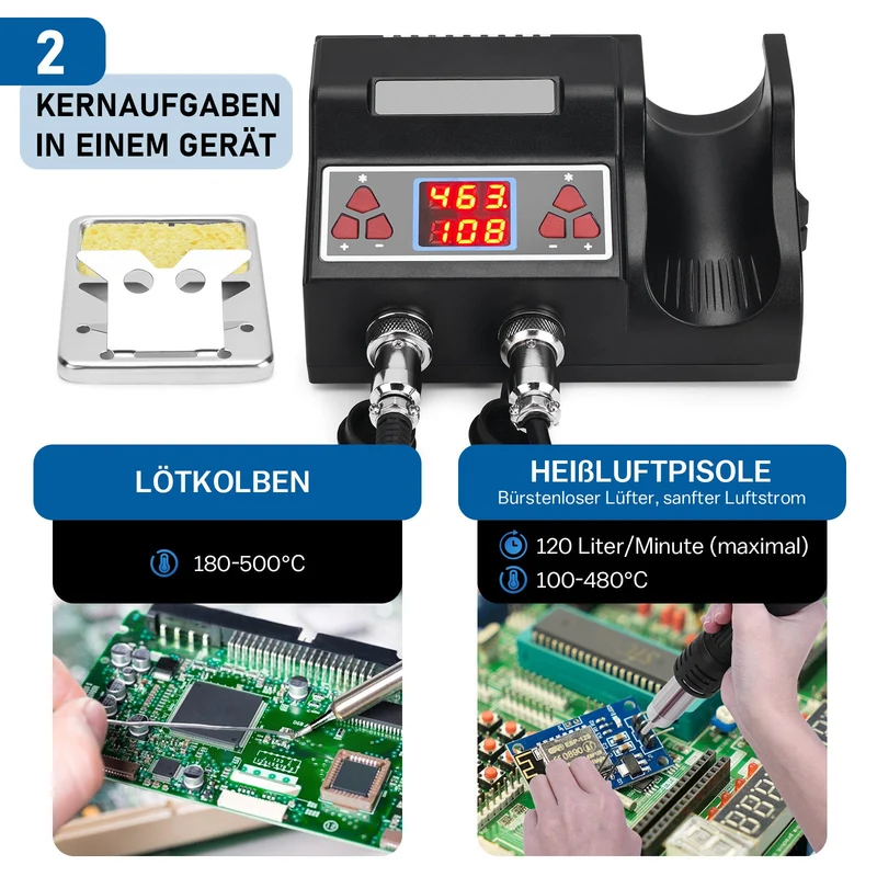 2-in-1 Lötstation mit Heißluft & 80W Lötkolben | 780W | PID-Temperaturregelung | Komplett-Set für SMD/BGA