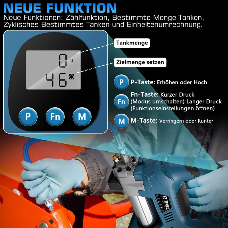 XIIW Digitale Akku-Fettpresse 15000 PSI | Elektrische Fettpresse mit LCD-Mengenzähler | Profi-Fettpistole für 18V Akkus (Solo-Gerät im Koffer)