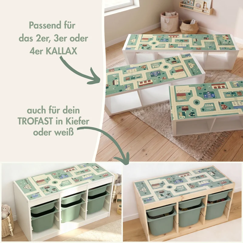 Klebefolie für IKEA Kallax 3er Regal, PVC freie Spielfolie 104 x 39cm, Straßen Spielfläche, Kinderzimmer Spielwelt für Jungen und Mädchen