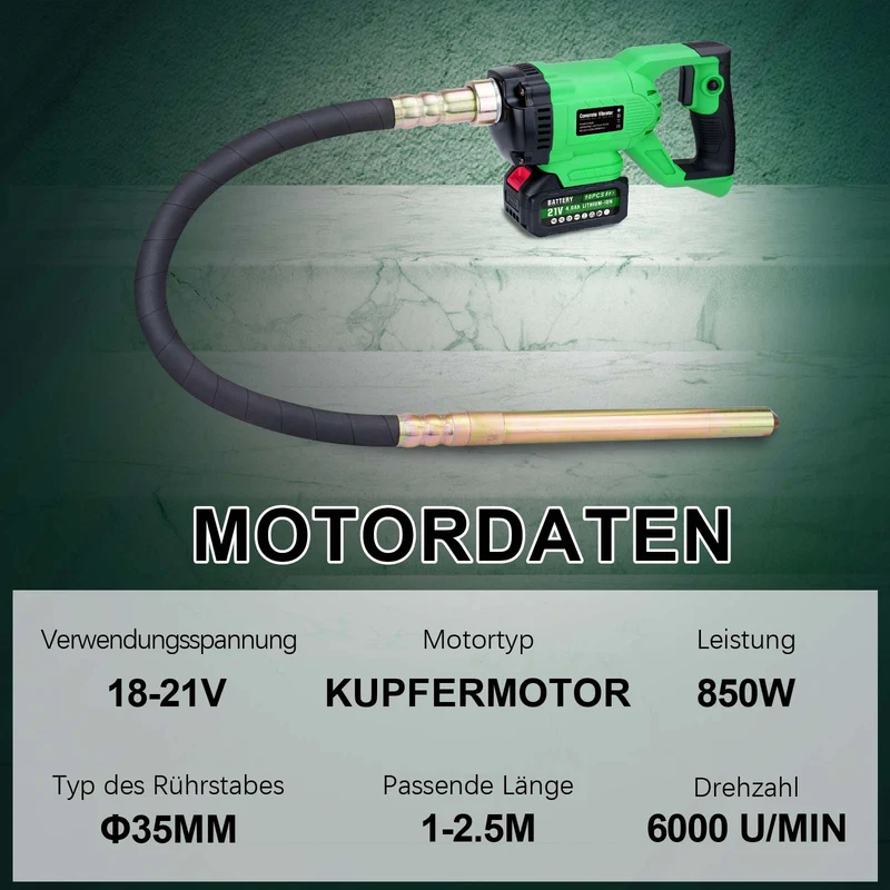 XIIW Kabelloser Betonrüttler mit starkem 850W Kupfermotor. Kompatibel mit 18V Akkus. Für dichten, stabilen Beton.